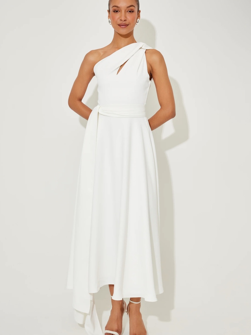 One-Shoulder Asymmetric White Midi Dress with Draped Waist Tie